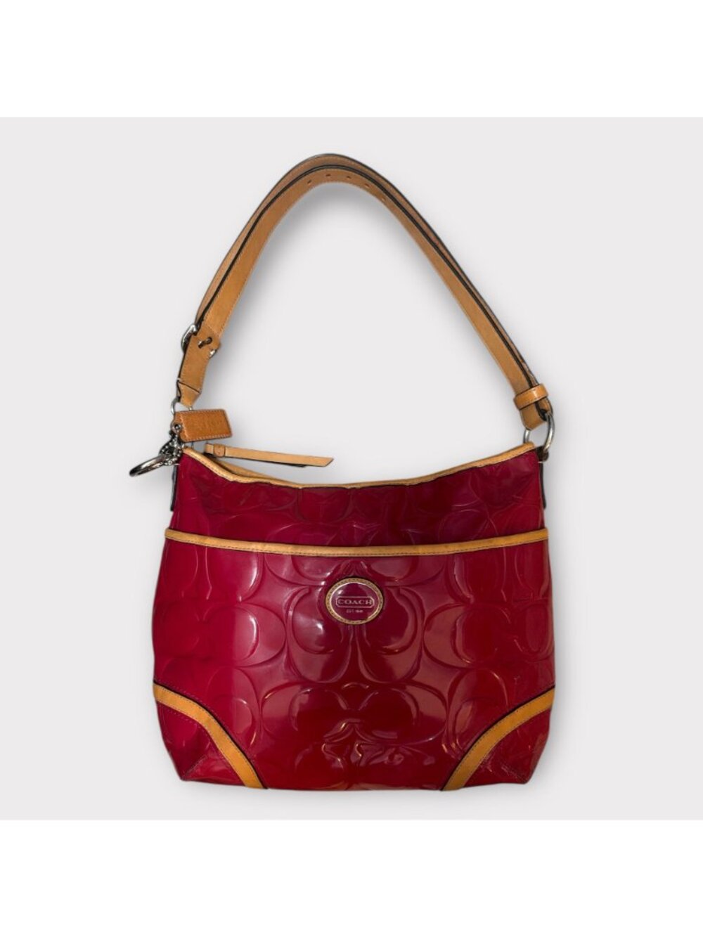 Coach Peyton Embossed C Patent Leather Hobo F20022 Pink Cerise Tan Trim Converts - Picture 3 of 9